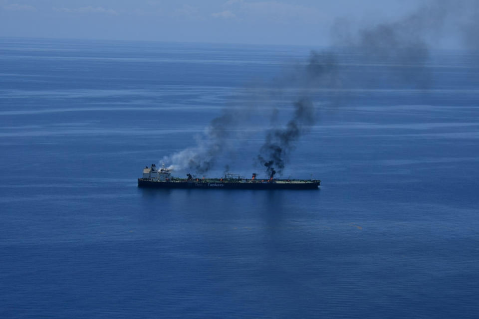 FILE PHOTO: Flames and smoke rise from the Greek-flagged oil tanker Sounion on the Red Sea, August 25, 2024. Yemen's Houthis said they attacked the Sounion in the Red Sea. /Handout via REUTERS/File Photo