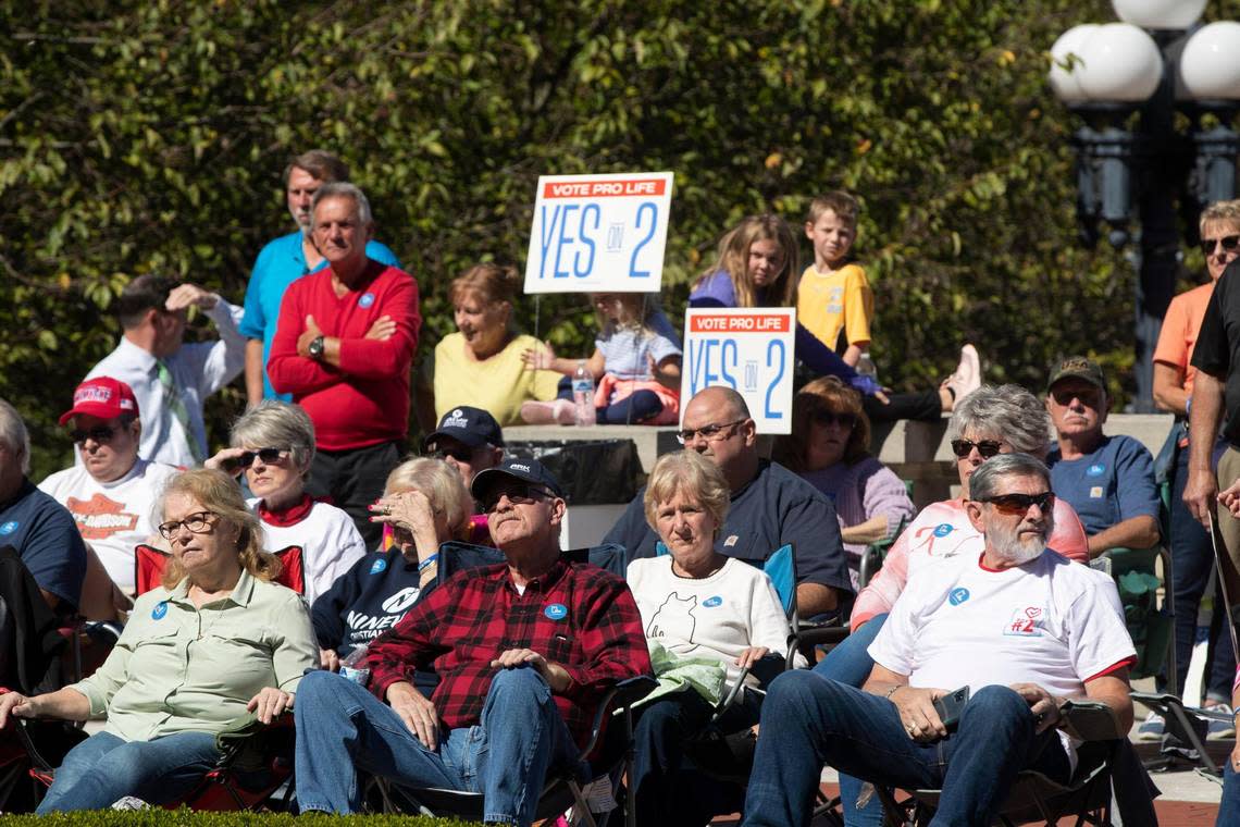 People gather to listen to Addia Wuchner and other speakers during a Yes for Life rally at the State Capitol in Frankfort, Ky., Saturday, October 1, 2022. A counter rally took place at the same time from Protect KY Access.