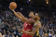 December 12, 2018; Oakland, CA, USA; Toronto Raptors guard Kyle Lowry (7) shoots the basketball against Golden State Warriors forward Alfonzo McKinnie (28) during the fourth quarter at Oracle Arena. Mandatory Credit: Kyle Terada-USA TODAY Sports