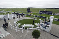 A view of the Winners Enclosure at Epsom Racecourse, in Epsom, England, Saturday July 4, 2020. The Derby annual horse race will take place at the Epsom Downs Racecourse behind closed doors Saturday amid the coronavirus pandemic. (David Davies/PA via AP)