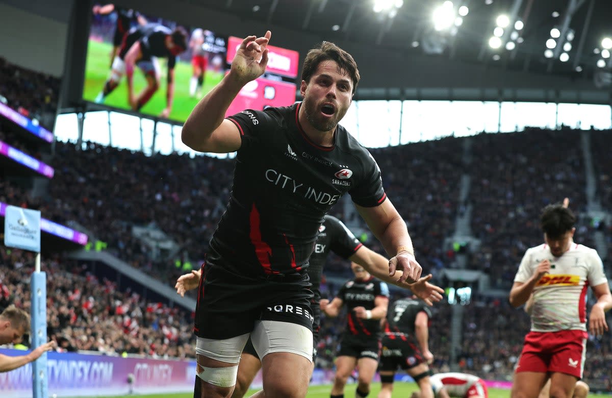 At the double: Sean Maitland scored an eye-catching brace as Saracens brushed London rivals Harlequins aside (Getty Images)