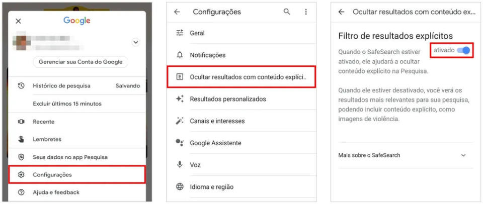 Acesse as configurações do app Google para bloquear sites no celular Android (Captura de tela: Caio Carvalho)