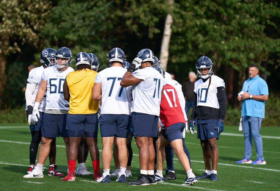 Oct 13, 2023; London, United Kingdom; Tennessee Titans quarterback Ryan Tannehill (17) in the huddle during Tennessee Titans practice session at The Grove, Watford for their upcoming NFL London game. Mandatory Credit: Peter van den Berg-USA TODAY Sports