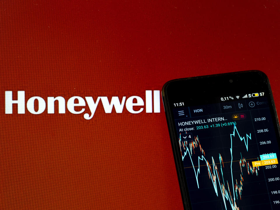 UKRAINE - 2021/02/16: In this photo illustration, the stock market information of Honeywell International, Inc seen displayed on a smartphone while the Honeywell International, Inc logo in the background. (Photo Illustration by Igor Golovniov/SOPA Images/LightRocket via Getty Images)