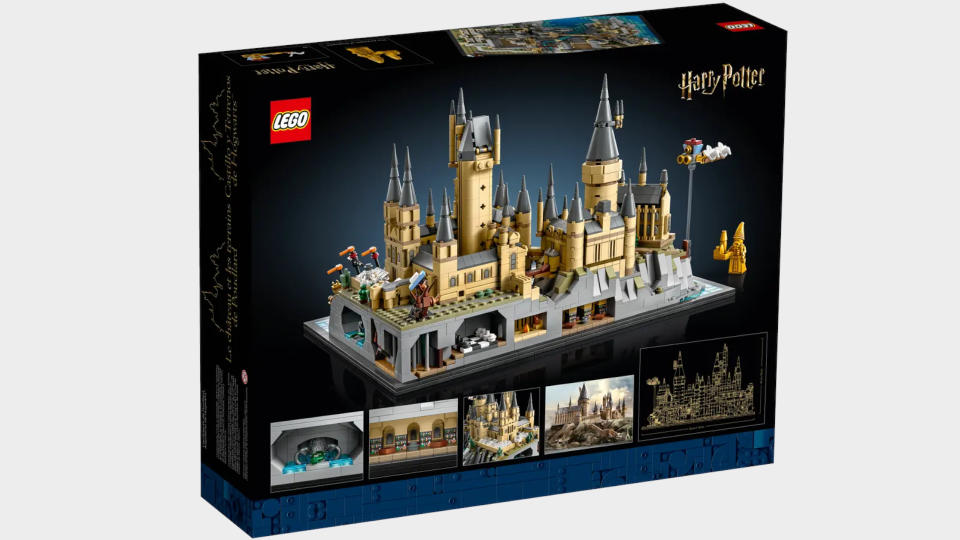 Back of the box for Lego Hogwarts Castle and Grounds on a plain background