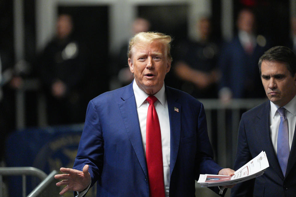 NEW YORK, NEW YORK - MAY 10:  Former U.S. President Donald Trump speaks to the media at the end of his day his criminal trial for allegedly covering up hush money payments at Manhattan Criminal Court on May 10, 2024 in New York City. Trump was charged with 34 counts of falsifying business records last year, which prosecutors say was an effort to hide a potential sex scandal, both before and after the 2016 presidential election. Trump is the first former U.S. president to face trial on criminal charges. (Photo by Curtis Means - Pool/Getty Images)