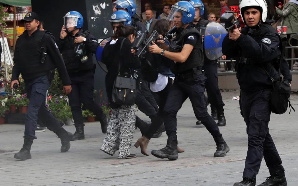Turkish police broke up a protest in support of the hunger strikers - Credit: ADEM ALTAN/AFP/Getty Images