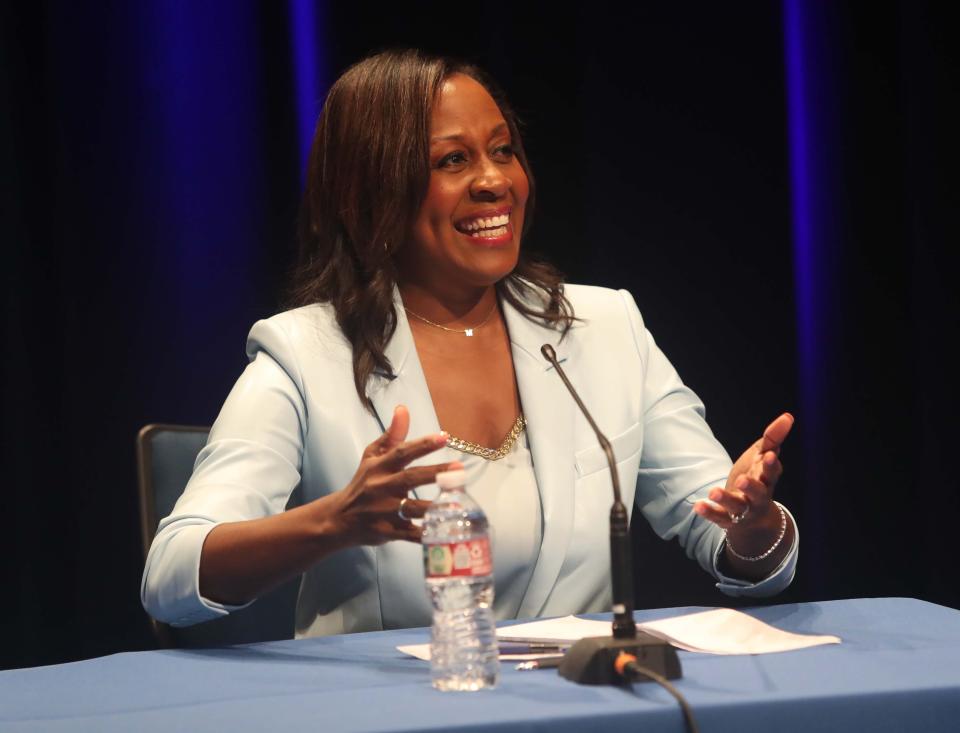 Memphis mayoral candidate Michelle McKissack answers a question during a mayoral forum hosted by The Commercial Appeal, WMC Action News 5, and the League of Women Voters at the Rose Theater on the University of Memphis campus on Thursday, September 14, 2023.