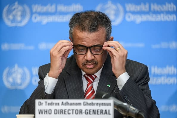 World Health Organisation (WHO) Director-General Tedros Adhanom Ghebreyesus attends a daily press briefing on COVID-19 virus at the WHO headquarters on in Geneva.