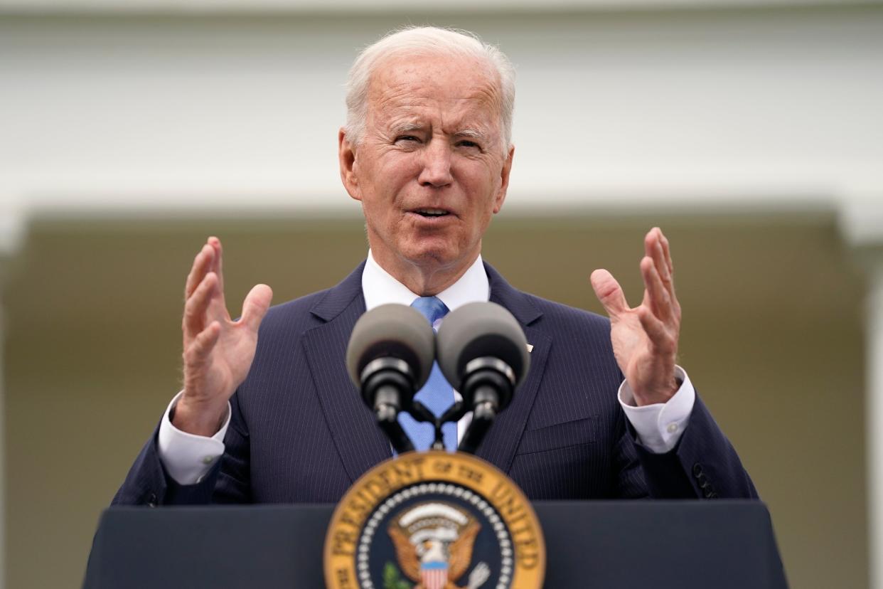 <p>President Joe Biden speaks on updated guidance on face mask mandates and Covid-19 response, in the Rose Garden of the White House, Thursday, 13 May 2021, in Washington</p> (AP Photo/Evan Vucci)