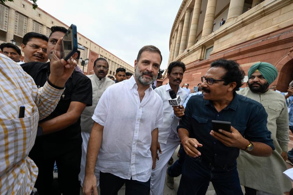 Rahul Gandhi arrives at the Parliament House after he was reinstated as an MP. (AP)