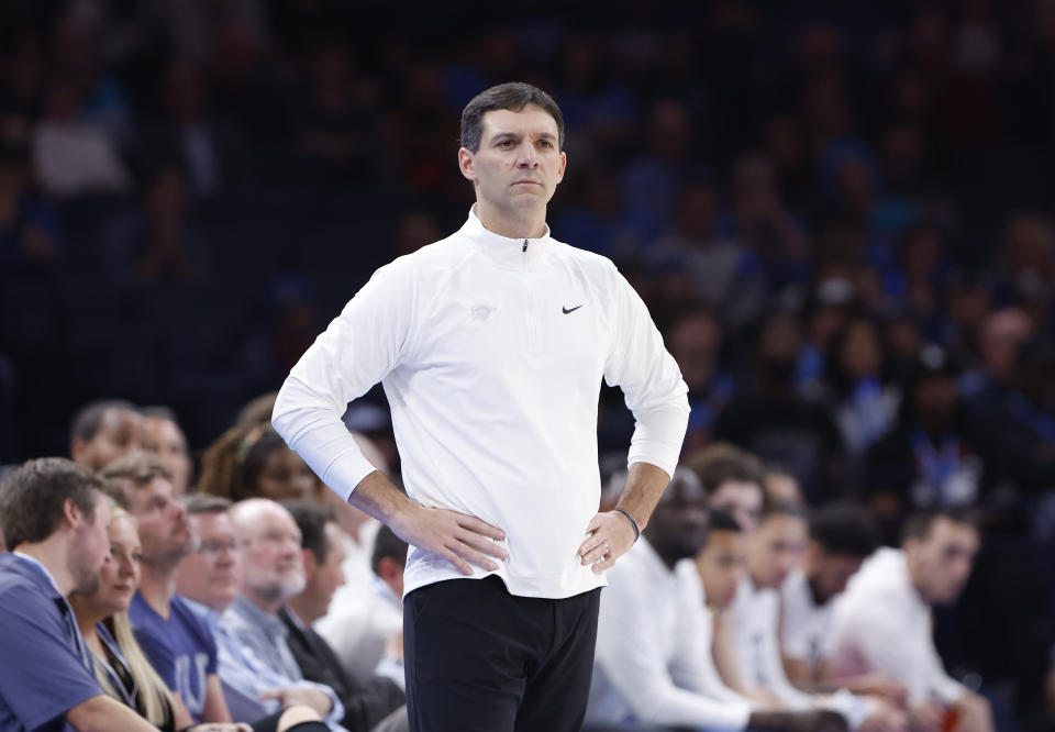 Nov 6, 2023; Oklahoma City, Oklahoma, USA; Oklahoma City Thunder head coach Mark Daigneault watches his team play against the Atlanta Hawks during the second half at Paycom Center. Oklahoma City won 126-117. Mandatory Credit: Alonzo Adams-USA TODAY Sports