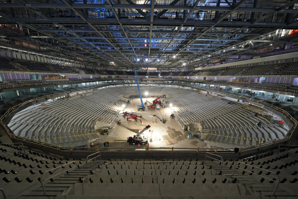 Construction continues at UBS Arena, the future home of the New York Islanders NHL hockey team, in Elmont, N.Y., Thursday, June 3, 2021. The building will have all the bells and whistles and be better accessible to Islanders fans than the recent temporary home in Brooklyn, and the hope is it will provide a strong home-ice advantage for decades to come. (AP Photo/Seth Wenig)