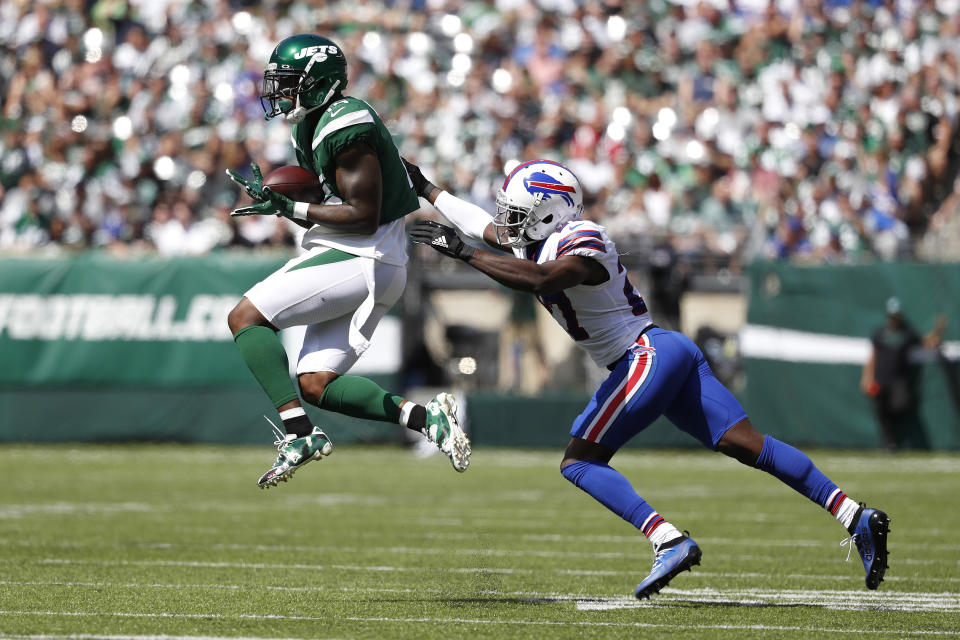 Josh Bellamy #15 of the New York Jets makes a catch against Tre'Davious White #27 of the Buffalo Bills during the first quarter at MetLife Stadium on September 08, 2019 in East Rutherford, New Jersey. (Photo by Michael Owens/Getty Images)