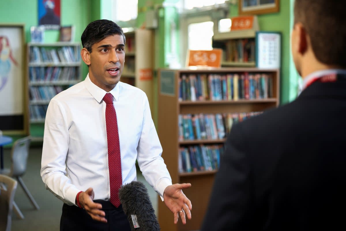 File picture of Rishi Sunak speaking to the media during a visit to Harris Academy at Battersea on January 6, 2023  (PA)