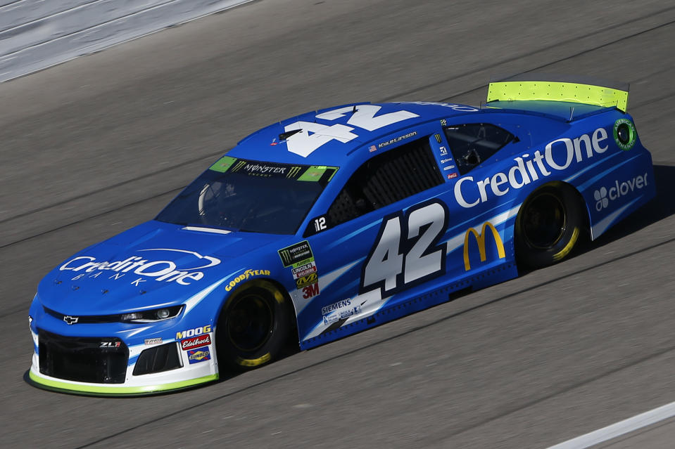 KANSAS CITY, KANSAS - OCTOBER 18: Kyle Larson, driver of the #42 Credit One Bank Chevrolet, practices for the Monster Energy NASCAR Cup Series Hollywood Casino 400 at Kansas Speedway on October 18, 2019 in Kansas City, Kansas. (Photo by Jonathan Ferrey/Getty Images)