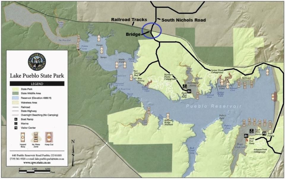 Map showing location of bridge installation at Lake Pueblo State Park.