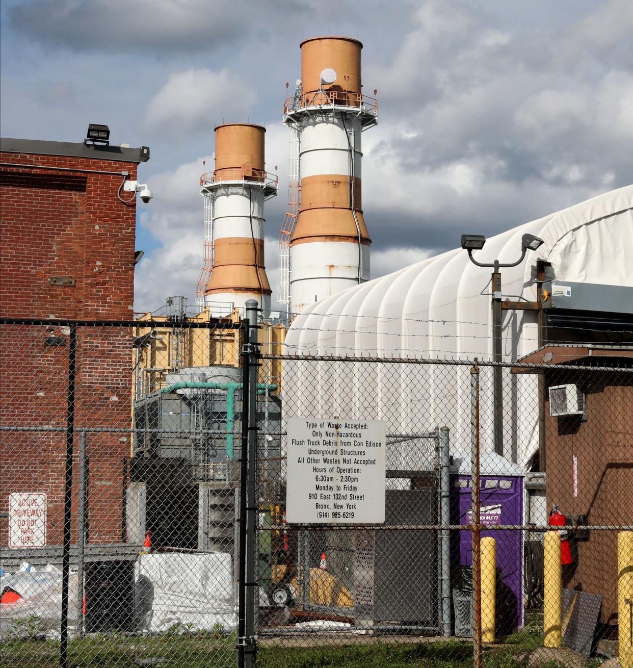 A New York Power Authority Peaker Plant (the two towers) is pictured near East 132nd Street in the South Bronx, May 2, 2023. 
