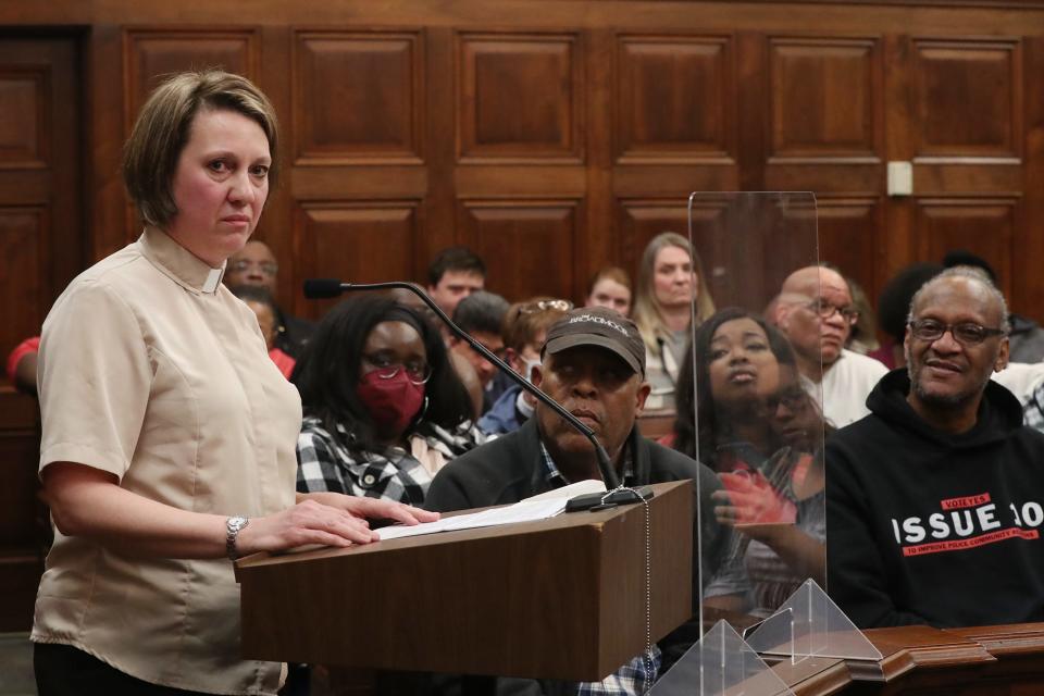 The Rev. Nanette Pitt of First Congregational Church of Akron speaks during a public comment period at an Akron City Council meeting Monday after members failed to seat a new Citizens' Police Oversight Board.