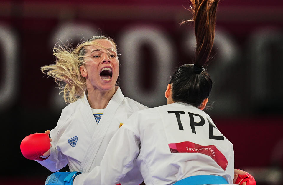 Karate competitors in action at the Tokyo 2020 Olympics