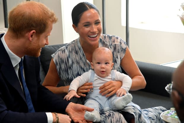 <em>Prince Harry, Duke of Sussex, Meghan, Duchess of Sussex in Club Monaco and their baby son Archie Mountbatten-Windsor meet Archbishop Desmond Tutu and his daughter Thandeka Tutu-Gxashe during their royal tour of South Africa. Photo: Toby Melville - Pool/Getty Images</em>