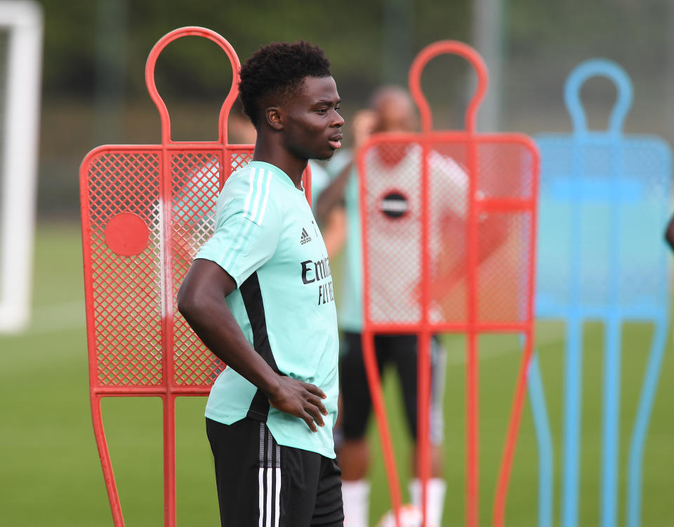 <p>ST ALBANS, ENGLAND - SEPTEMBER 10: Bukayo Saka of Arsenal during a training session at London Colney on September 10, 2021 in St Albans, England. (Photo by Stuart MacFarlane/Arsenal FC via Getty Images)</p>
