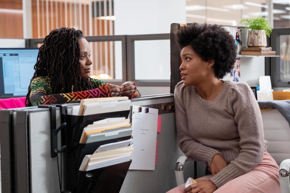 Hazel (Ashleigh Murray) and Nella (Sinclair Daniel) in a scene from the new Hulu series, "The Other Black Girl."