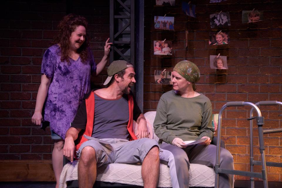 From left, Amanda Jill Robinson, Alex Teicheira and Rachel Moulton in a scene from Florida Studio Theatre’s Stage III production of “Ugly Lies the Bone.”