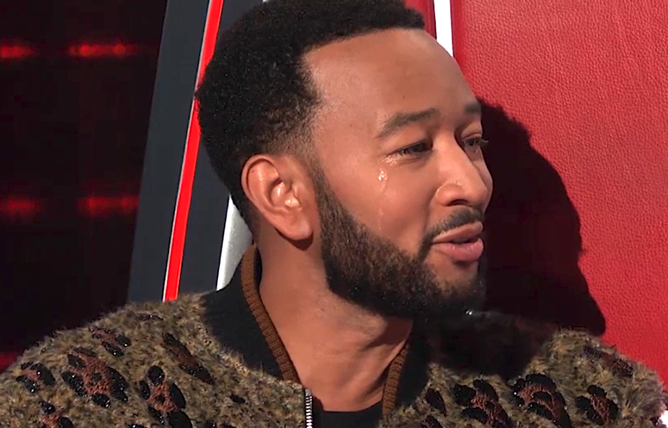 John Legend weeps over the performances by Team Niall's Alexa Wildish, Julia Roome, and Lennon VanderDoes. (NBC)
