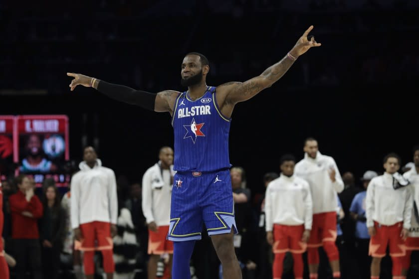 LeBron James of the Los Angeles Lakers celebrates during the second half of the NBA All-Star basketball game Sunday, Feb. 16, 2020, in Chicago. (AP Photo/Nam Huh)