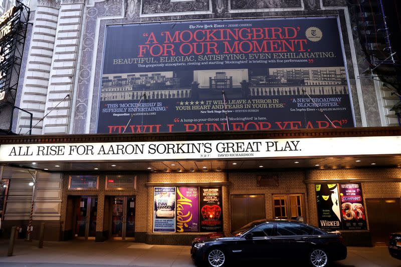 FILE PHOTO: The closed Shubert Theater where the play "To Kill A Mockingbird" plays after it was announced that Broadway shows will cancel performances in New York