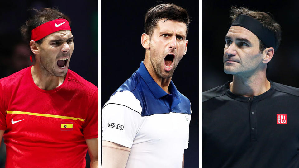 Rafael Nadal cheering, Novak Djokovic roaring and Roger Federer looking away.