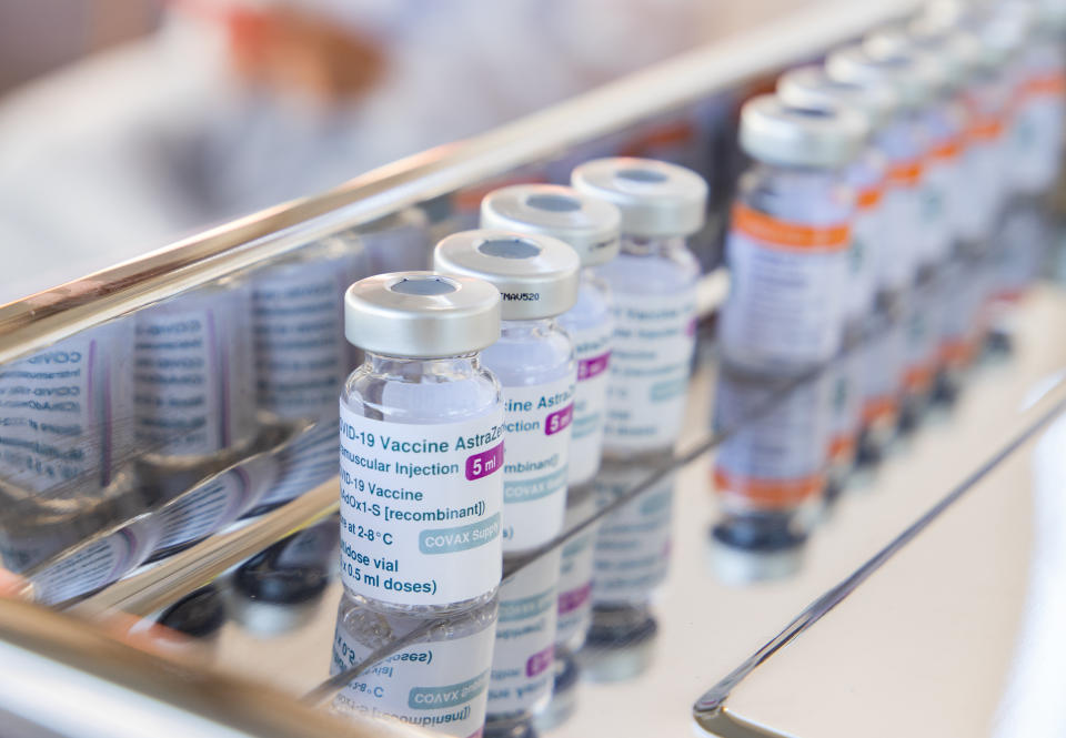 Coronavirus vaccine bottles lined up on a stainless steel tray ready to be used in a vaccination campaign in Apucarana, Paraná