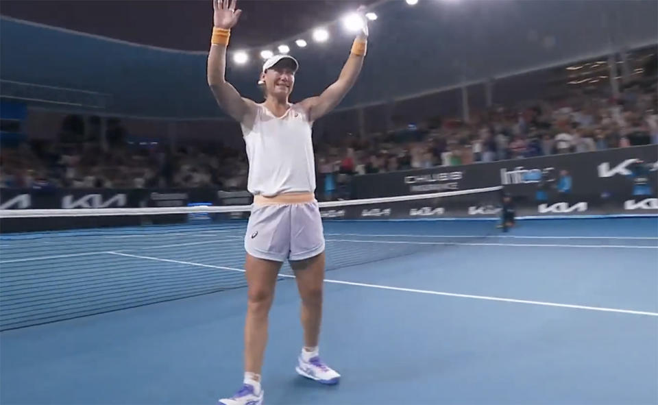 Sam Stosur, pictured here in tears as she farewells the Australian Open. 