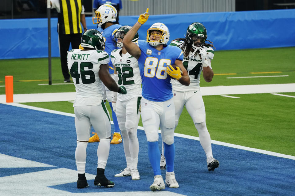 Los Angeles Chargers tight end Hunter Henry (86) celebrates his touchdown catch against the New York Jets during the first half of an NFL football game Sunday, Nov. 22, 2020, in Inglewood, Calif. (AP Photo/Jae C. Hong)
