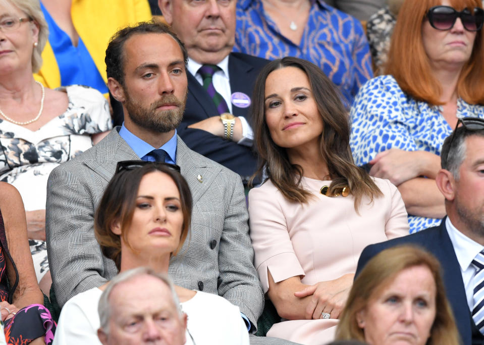 LONDON, ENGLAND - JULY 08: James Middleton and Pippa Middleton attend day seven of the Wimbledon Tennis Championships at All England Lawn Tennis and Croquet Club on July 08, 2019 in London, England. (Photo by Karwai Tang/Getty Images)