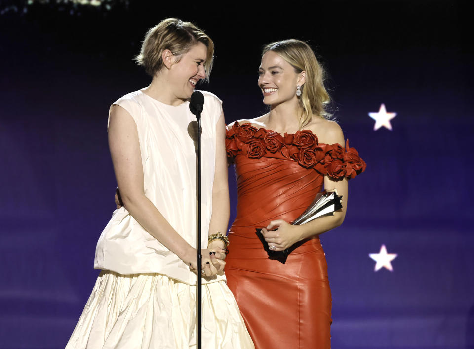 Greta Gerwig and Margot Robbie accept the Best Comedy Award for 