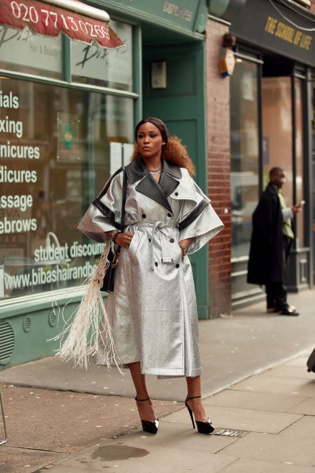 On the street at London Fashion Week Fall 2020. Photo: Imaxtree