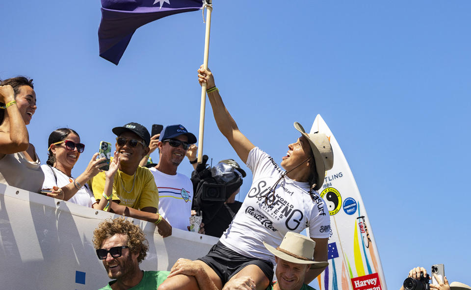 Sally Fitzgibbons, pictured here after winning the World Surfing Games.