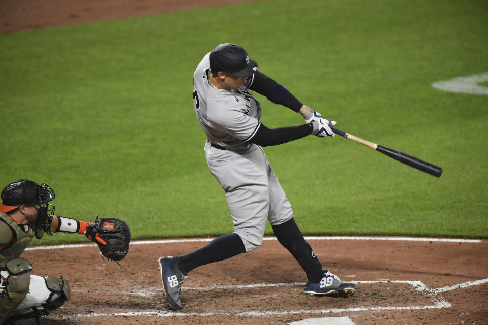 New York Yankees' Aaron Judge lines out to Baltimore Orioles center fielder Cedric Mullins during the fourth inning of a baseball game Saturday, May 15, 2021, in Baltimore. (AP Photo/Terrance Williams)