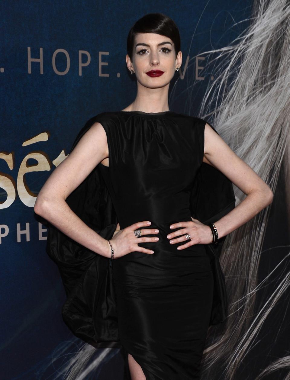 NEW YORK, NY - DECEMBER 10: Anne Hathaway attends the "Les Miserables" New York premiere at Ziegfeld Theatre on December 10, 2012 in New York City. (Photo by Larry Busacca/Getty Images)