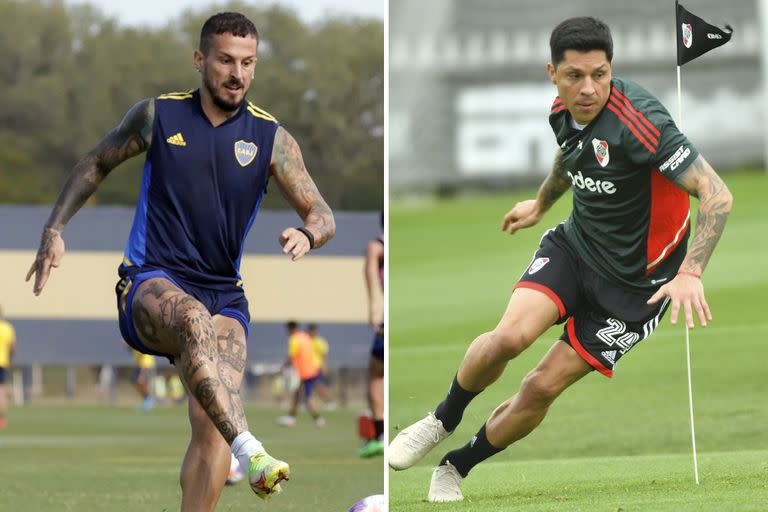 Darío Benedetto y Enzo Pérez, dos referentes de Boca y River, que juegan este domingo desde las 14 en la Bombonera