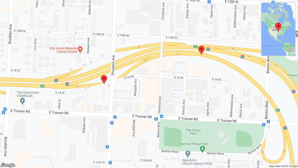 A detailed map that shows the affected road due to 'Prospect Avenue closed in Kansas City' on January 7th at 12:02 a.m.