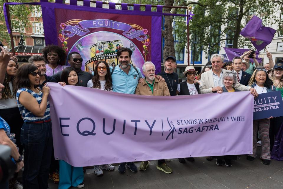 andy serkis, david oyelowo, hayley atwell, rob delaney, brian cox, simon pegg, golda rosheuvel, imelda staunton and jim carter join members of the entertainment trade union equity and supporters during a rally in leicester square in solidarity with striking us actors in london, united kingdom on july 21, 2023