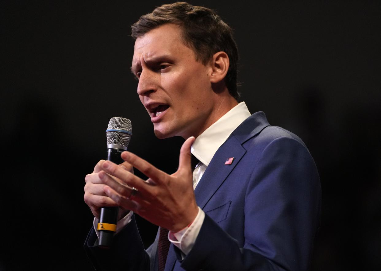 Republican U.S. Senate candidate Blake Masters speaks before former President Donald Trump takes the stage at Findlay Toyota Center in Prescott Valley on Friday, July 22, 2022.