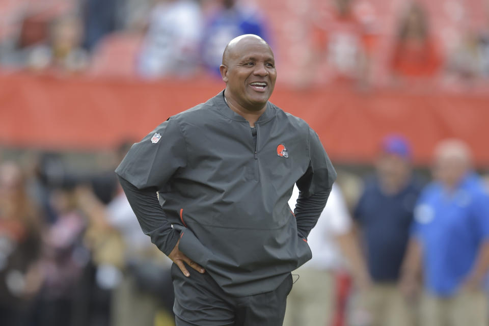 FILE - In this Aug. 17, 2018, file photo, Cleveland Browns head coach Hue Jackson walks on the field before an NFL football preseason game against the Buffalo Bills, in Cleveland. Cleveland is coming off an 0-16 embarrassment and can only hope to be respectable. Since the creation of the current AFC North in 2002, the Browns are the only team never to finish in first place. (AP Photo/David Richard, File)