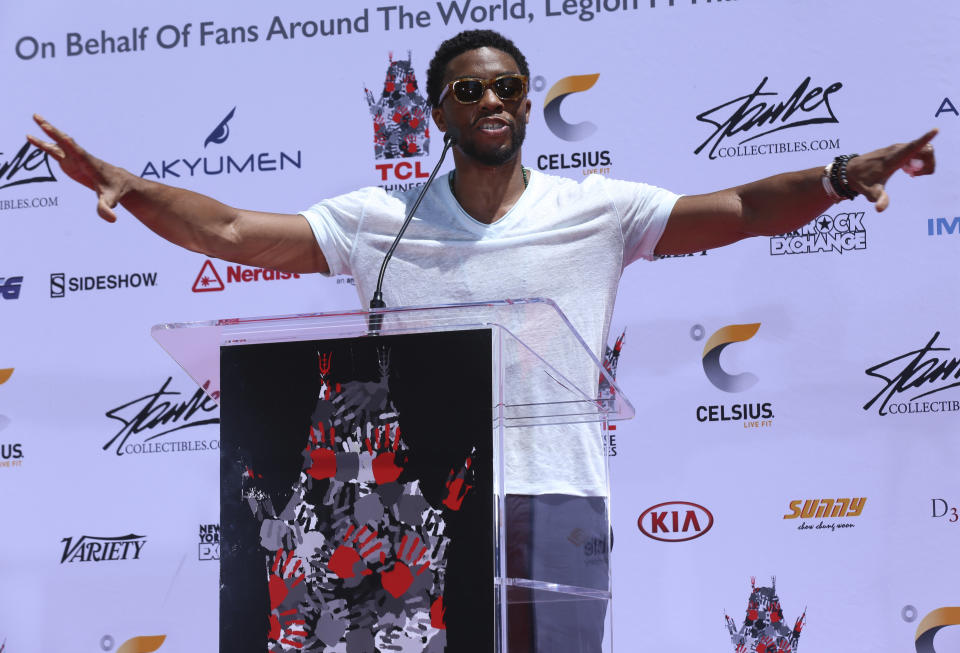 Chadwick Boseman speaks at the Stan Lee hand and footprint ceremony at the TCL Chinese Theatre on Tuesday, July 18, 2017, in Los Angeles. (Photo by Willy Sanjuan/Invision/AP)