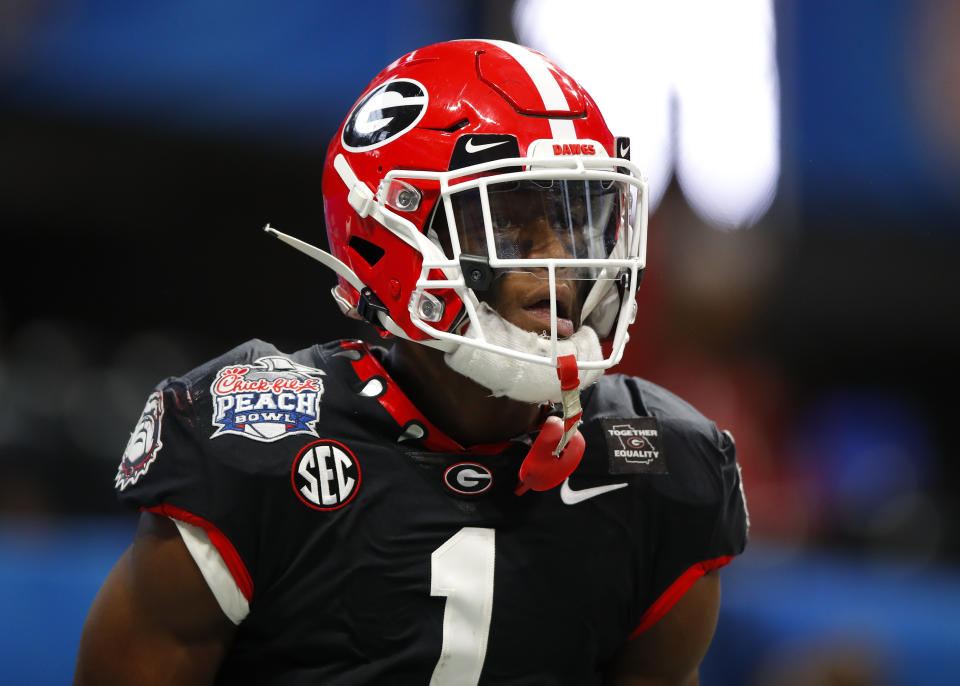 Georgia WR George Pickens didn't play much in 2021, but he returned to action for the team's championship run. (Photo by Todd Kirkland/Getty Images)