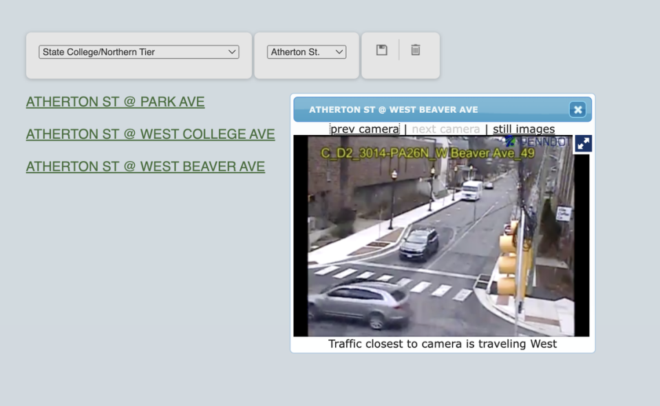 This screenshot shows a live video feed from 511PA traffic camera located at the intersection of South Atherton Street and West Beaver Avenue in State College.