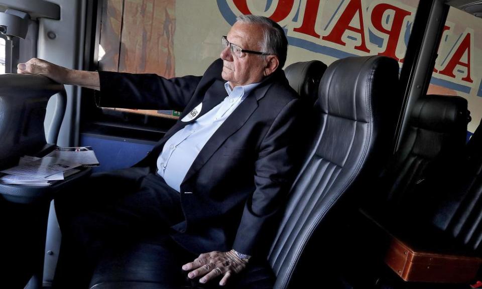 Joe Arpaio sits on his campaign bus during his unsuccessful run for the Arizona Republican party’s Senate nomination.